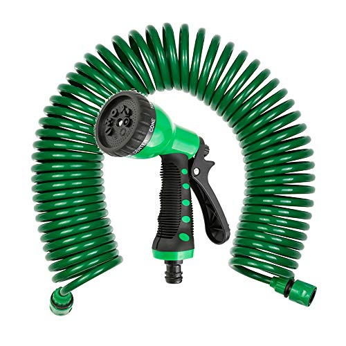 Grafner Spiral-Gartenschlauch 15 Meter, mit 8-Fach Soft-Multifunktionsbrause, hochwertige Steckverbinder, automatische Aufwicklung, grün Spiral Gartenschlauch spiralförmig von Grafner