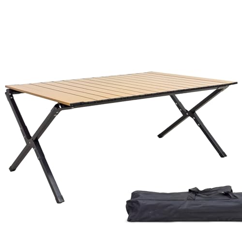 Grafner XL Campingtisch in Holzoptik klappbar, 89 x 58 x 43 cm, niedrige Ausführung, kleines Packmaß mit Tasche, stabil und tragbar, bis 50 kg, Carbonstahl, Rolltisch Klapptisch Picknick Tisch Holz von Grafner