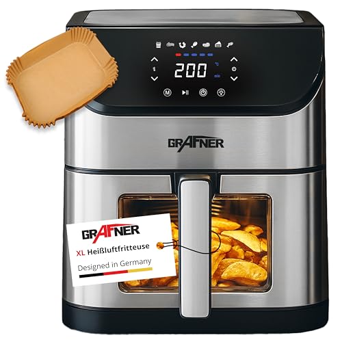 Grafner XXL Digitale Heißluftfritteuse 8 L, 100x Backpapier, LED Touchscreen, 7 Programme, 1800 Watt, Sichtfenster, Antihaft-Beschichtung, Fritteuse ohne Fett ölfrei, Edelstahl Air Fryer Friteuse von Grafner