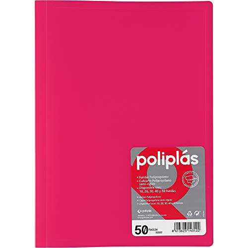 Grafoplás Ordner mit Hüllen | 50 transparente Hüllen | halbstarrer, durchscheinender Kunststoffdeckel | perfekt für Dokumente im Folioformat | erhältlich in Fuchsia | Modell Polyplas durchscheinend von Grafoplás