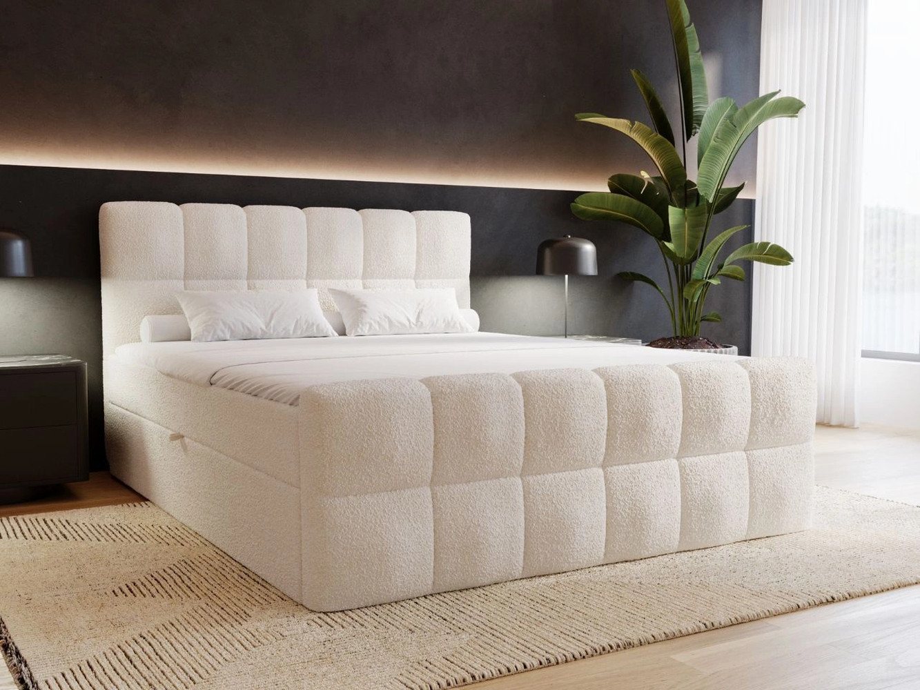 GrainGold Boxspringbett mit Bettkästen ALICANTE, Modern Bett mit Kopfteil, 140x200 cm, Beige (1x Bett + 1x Topper) von GrainGold