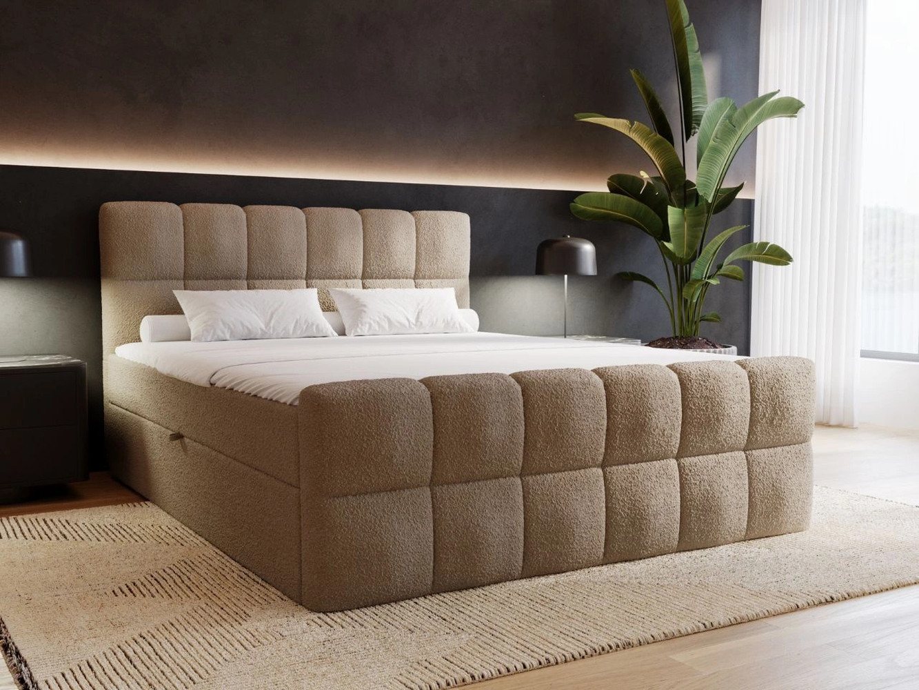 GrainGold Boxspringbett mit Bettkästen ALICANTE, Modern Bett mit Kopfteil, 140x200 cm, Braun (1x Bett + 1x Topper) von GrainGold