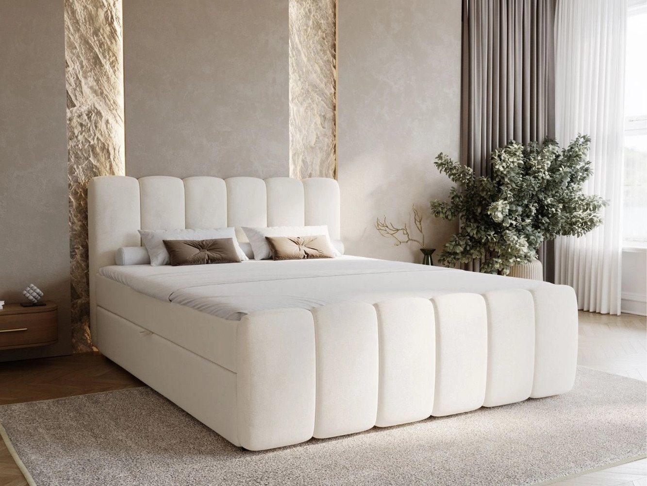 GrainGold Boxspringbett mit Bettkästen CLOUD, Modern Bett mit Kopfteil, 140x200 cm, Beige (1x Bett + 1x Topper) von GrainGold