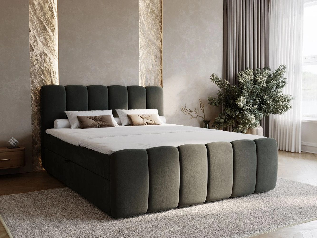GrainGold Boxspringbett mit Bettkästen CLOUD, Modern Bett mit Kopfteil, 140x200 cm, Dunkelgrau (1x Bett + 1x Topper) von GrainGold