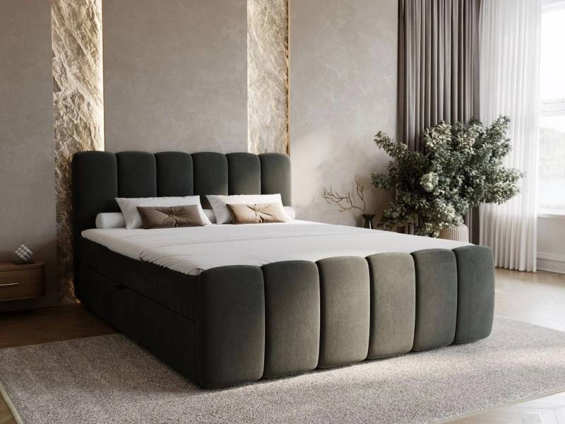 GrainGold Boxspringbett mit Bettkästen CLOUD, Modern Bett mit Kopfteil, 140x200 cm, Dunkelgrau (1x Bett + 1x Topper) von GrainGold