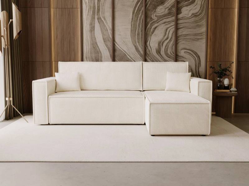 GrainGold Ecksofa mit Schlaffunktion und Bettkasten PRATO L - 253x145 cm, Beige, verstellbare Kopfstützen von GrainGold