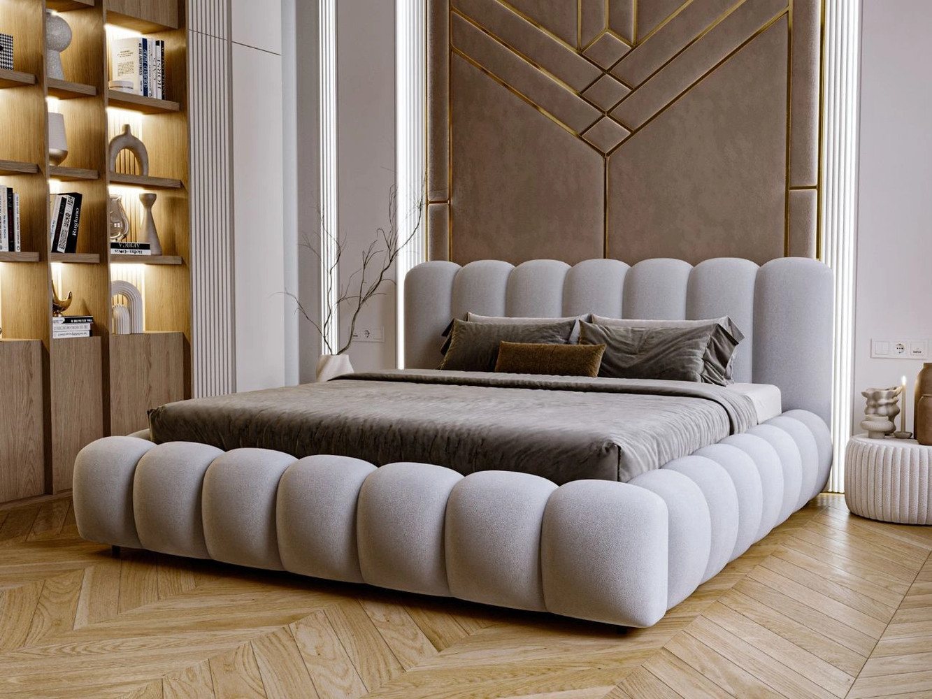 GrainGold Polsterbett mit Bettkästen AVERIA, Bett mit Kopfteil - 140x200 cm, Hellgrau (1x Bett) von GrainGold