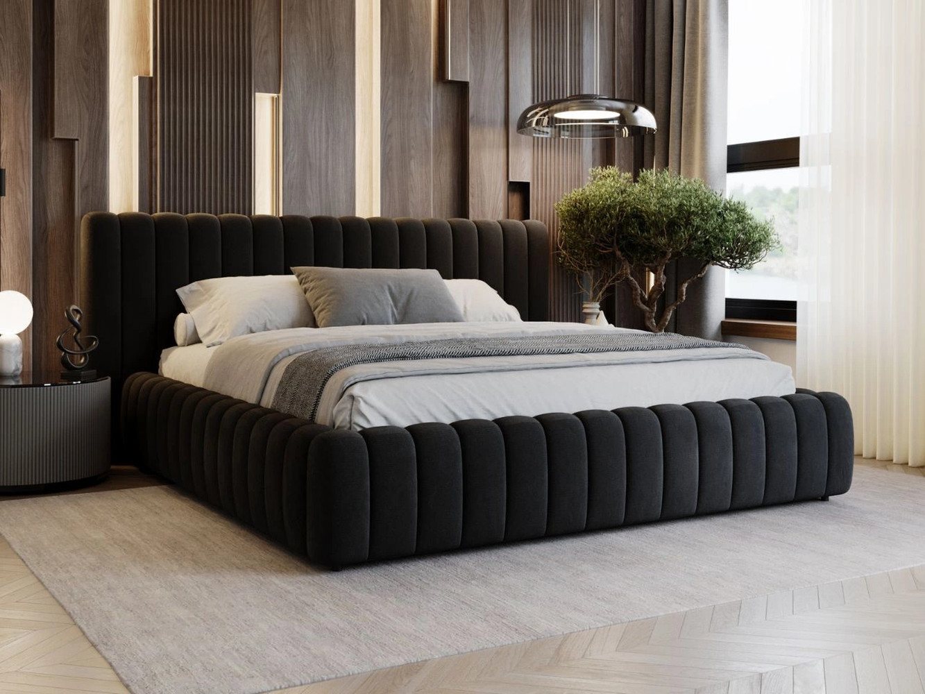 GrainGold Polsterbett mit Bettkästen BLISS, Modern Bett mit Kopfteil - 140x200 cm, Schwarz (1x Bett) von GrainGold