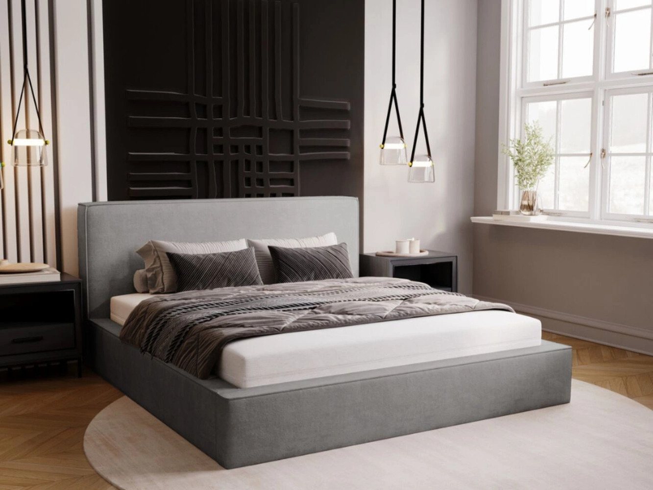 GrainGold Polsterbett mit Bettkästen MONACO, Modern Bett mit Kopfteil - 140x200 cm, Grau (1x Bett) von GrainGold