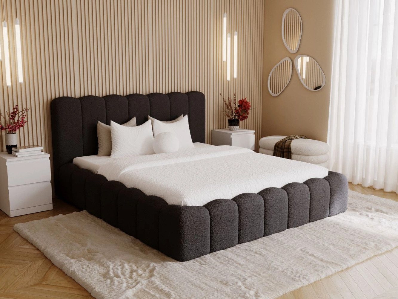 GrainGold Polsterbett mit Bettkästen SMILE, Modern Bett mit Kopfteil - 140x200 cm, Schwarz (1x Bett) von GrainGold
