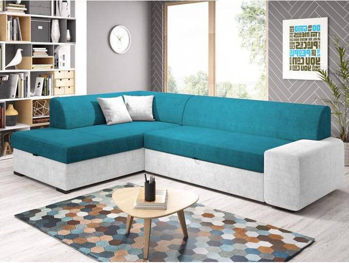 Ecksofa L-Form Links mit Schlaffunktion und Bettkasten Fresto Hellblau, Hellgrau von Graingold
