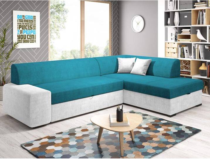 Ecksofa L-Form Rechts mit Schlaffunktion und Bettkasten Fresto Hellblau, Hellgrau von Graingold