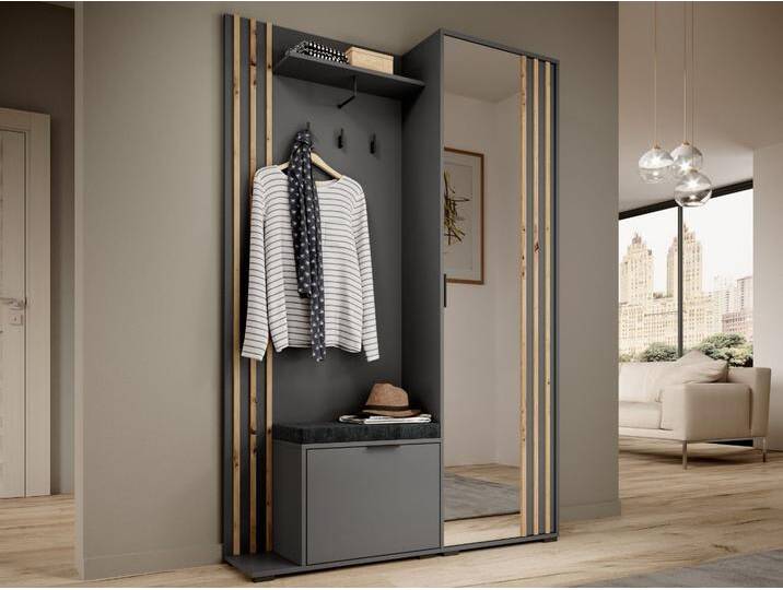 Garderobe mit Spiegel und Kleiderhaken Macron Graphit Artisan Eiche von Graingold