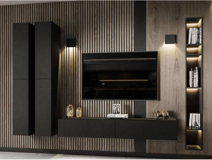 Hängende Wohnwand mit LED-Beleuchtung für das Wohnzimmer Sorelle Schwarz Matt Hängende Wohnwand mit LED-Beleuchtung für das Wohnzimmer Sorelle Schwarz Matt von Graingold