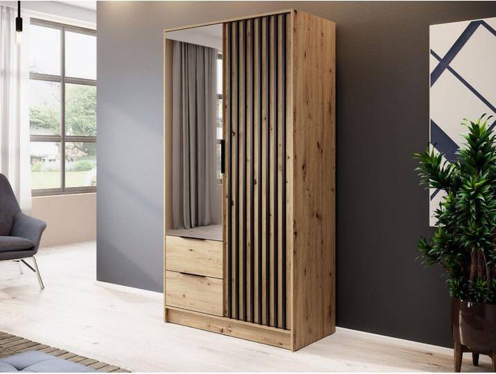 Kleiderschrank mit Spiegel 105 cm Macron Artisan Eiche, Schwarz von Graingold