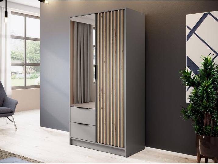 Kleiderschrank mit Spiegel 105 cm Macron Grau, Artisan Eiche von Graingold