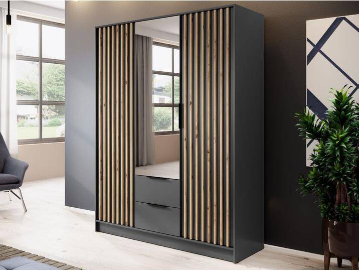 Kleiderschrank mit Spiegel 155 cm Macron Graphit, Artisan Eiche von Graingold