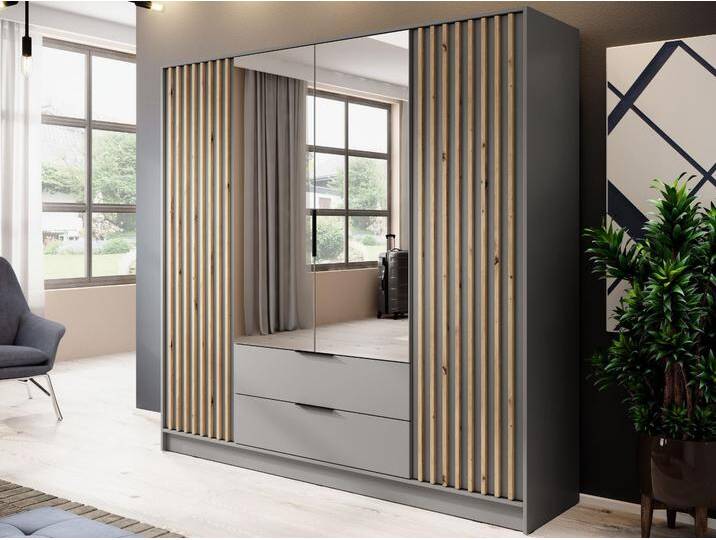 Kleiderschrank mit Spiegel 206 cm Macron Grau, Artisan Eiche von Graingold