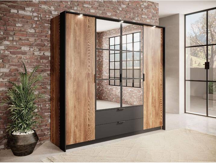 Kleiderschrank mit Spiegel und Schubladen Montreal Kastanie, Schwarz von Graingold