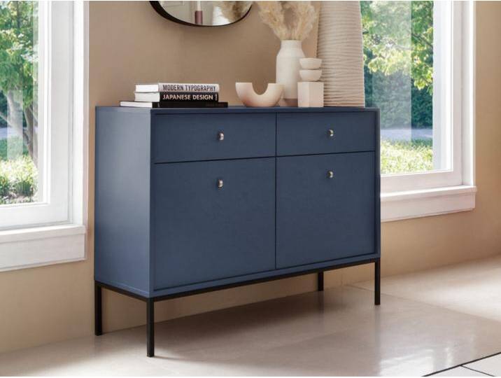 Kommode mit Türen sowie Schubladen mit Schwarz Metallbeinen 104 cm Amor Marineblau von Graingold