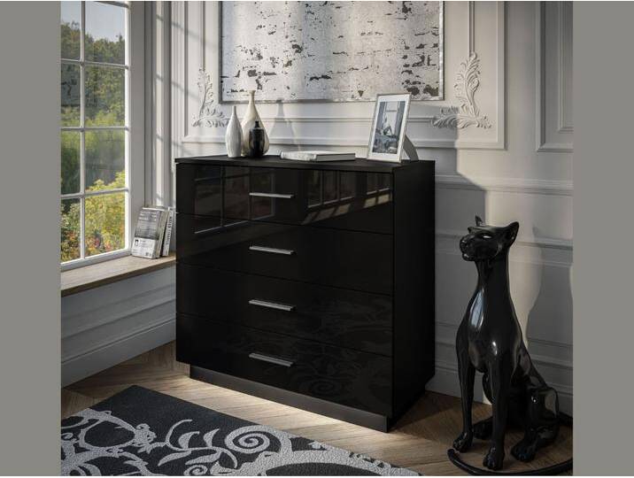 Kommode mit vier Schubladen und LED-Beleuchtung 95 cm Nuveo Schwarz Hochglanz von Graingold