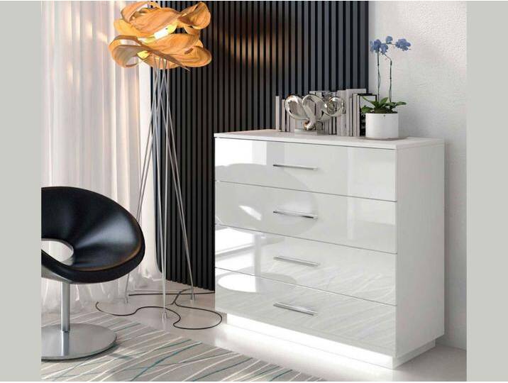 Kommode mit vier Schubladen und LED-Beleuchtung 95 cm Nuveo Weiß Hochglanz von Graingold