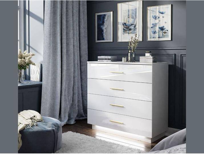 Kommode mit vier Schubladen und LED-Beleuchtung 95 cm Nuveo Weiß Hochglanz von Graingold