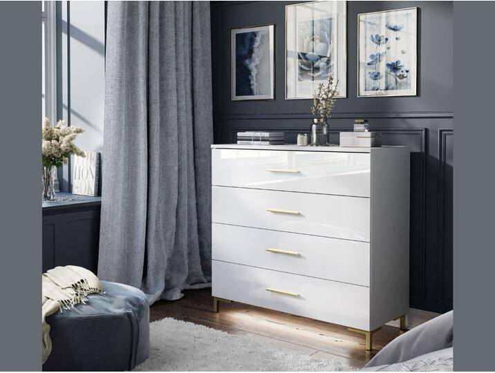 Kommode mit vier Schubladen und LED-Beleuchtung auf Goldenen Beinen 95 cm Nuveo Weiß Hochglanz Kommode mit vier Schubladen und LED-Beleuchtung auf Goldenen Beinen 95 cm Nuveo Weiß Hochglanz von Graingold