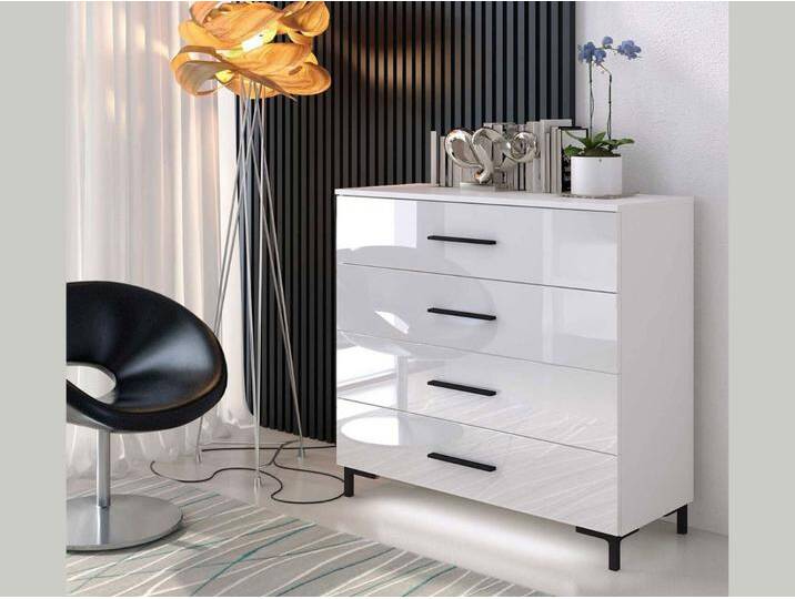 Kommode mit vier Schubladen und LED-Beleuchtung auf Schwarzen Metallbeinen 95 cm Nuveo Weiß Hochglanz von Graingold