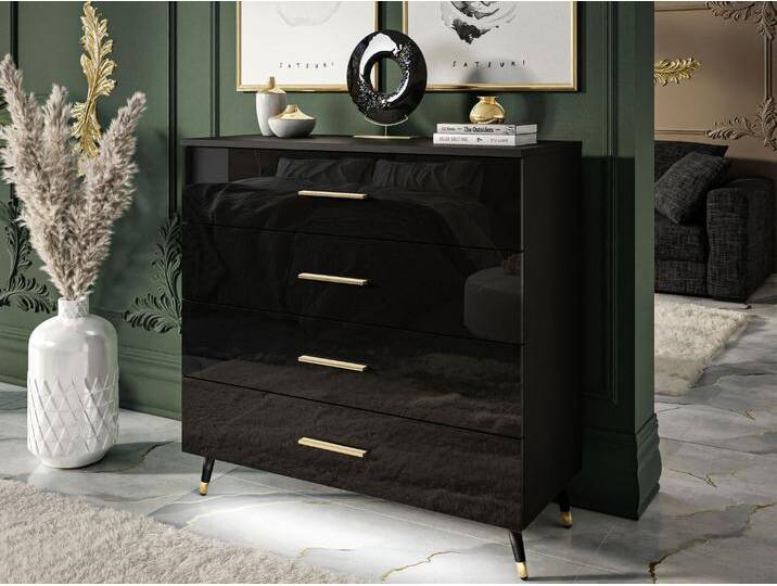 Kommode mit vier Schubladen und LED-Beleuchtung auf Schwarz-Goldenen Metallbeinen 95 cm Nuveo Schwarz Hochglanz Kommode mit vier Schubladen und LED-Beleuchtung auf Schwarz-Goldenen Metallbeinen 95 cm Nuveo Schwarz Hochglanz von Graingold