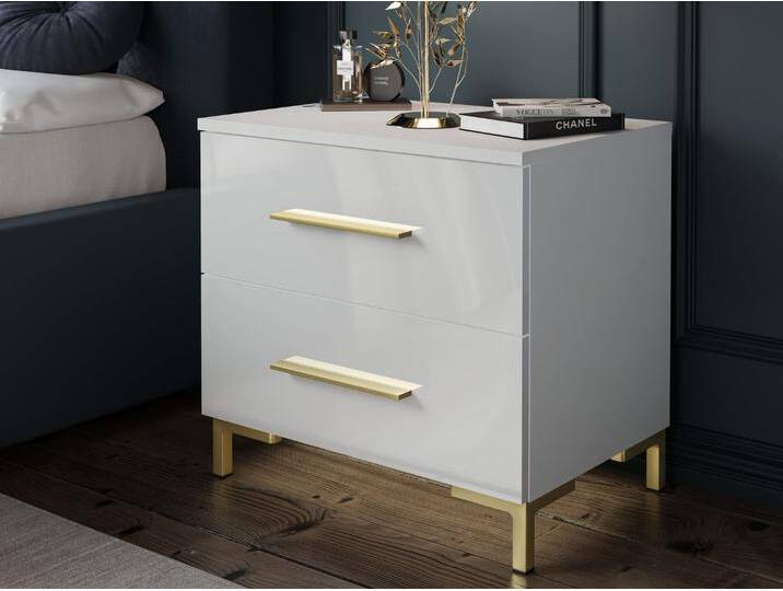 Nachttisch mit Schubladen auf Goldenen Beinen Nuveo Weiß Hochglanz von Graingold