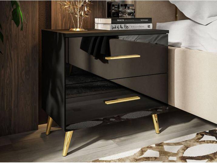 Nachttisch mit Schubladen auf Goldenen Metallbeinen Nuveo Schwarz Hochglanz von Graingold