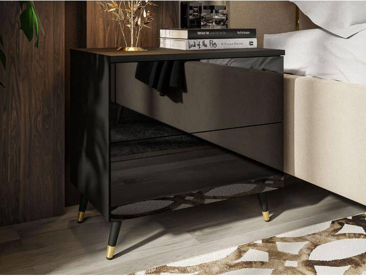 Nachttisch mit Schubladen auf Schwarz-Goldenen Metallbeinen Nuveo Schwarz Hochglanz Nachttisch mit Schubladen auf Schwarz-Goldenen Metallbeinen Nuveo Schwarz Hochglanz von Graingold