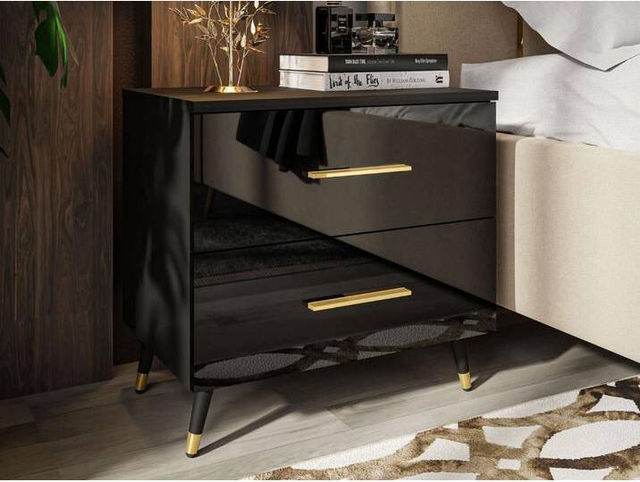 Nachttisch mit Schubladen auf Schwarz-Goldenen Metallbeinen Nuveo Schwarz Hochglanz Nachttisch mit Schubladen auf Schwarz-Goldenen Metallbeinen Nuveo Schwarz Hochglanz von Graingold