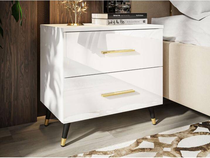 Nachttisch mit Schubladen auf Schwarz-Goldenen Metallbeinen Nuveo Weiß Hochglanz Nachttisch mit Schubladen auf Schwarz-Goldenen Metallbeinen Nuveo Weiß Hochglanz von Graingold