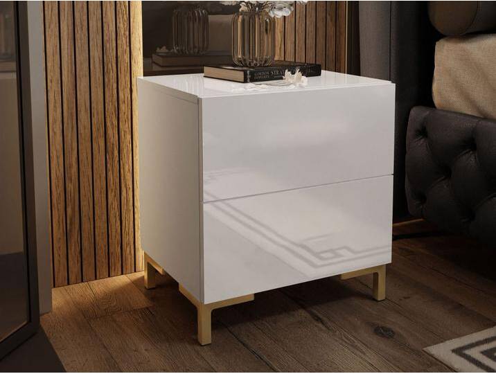 Nachttisch mit zwei Schubladen auf Goldenen Beinen Nuveo Lux Weiß Hochglanz von Graingold
