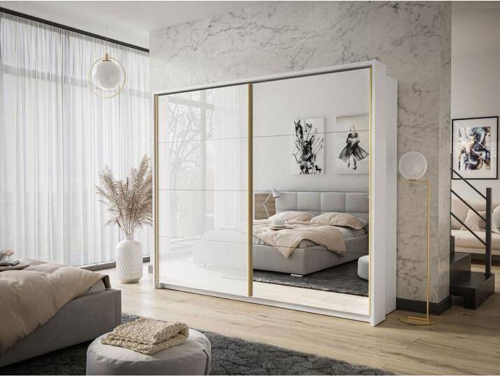 Schwebetürenschrank Zweitüriger mit Aufsatz und Spiegel 254 cm Noaé Weiß Hochglanz von Graingold