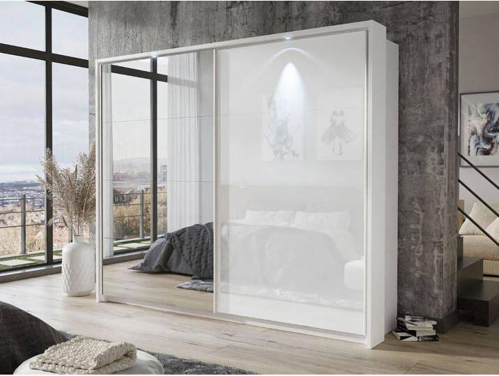 Schwebetürenschrank Zweitüriger mit Aufsatz und Spiegel 254 cm Nuveo Weiß Hochglanz von Graingold