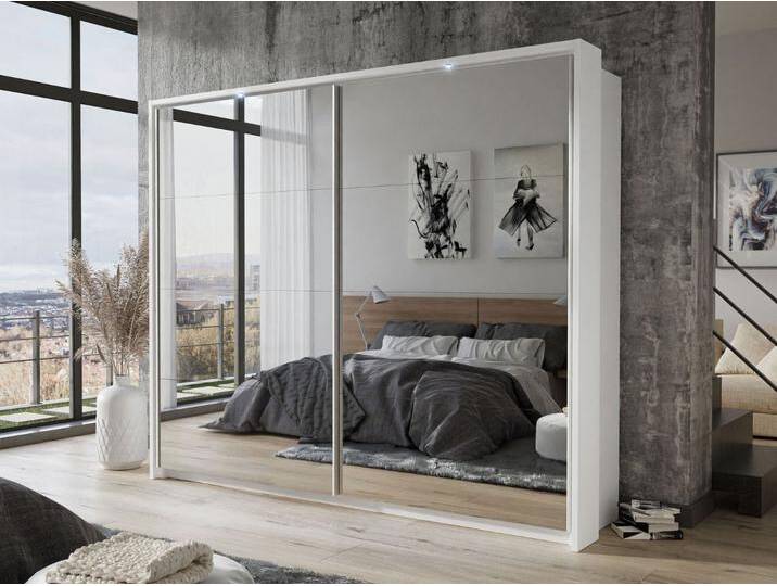 Schwebetürenschrank Zweitüriger mit Aufsatz und Spiegeln 254 cm Nuveo Weiß Hochglanz von Graingold