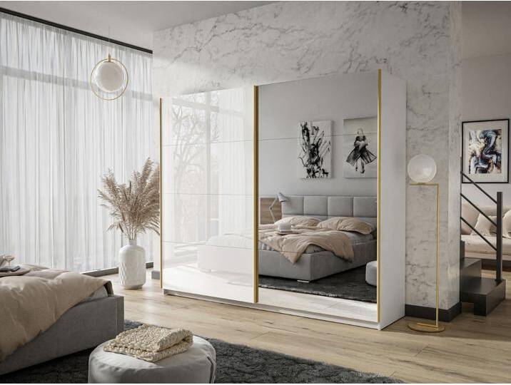 Schwebetürenschrank Zweitüriger mit Spiegel 244 cm Noaé Weiß Hochglanz von Graingold