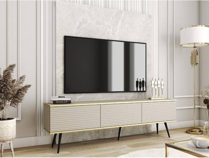 TV-Lowboard mit Türen 175 cm Diolo Beige mit geriffelter Vorderseite auf schwarzen Beinen von Graingold