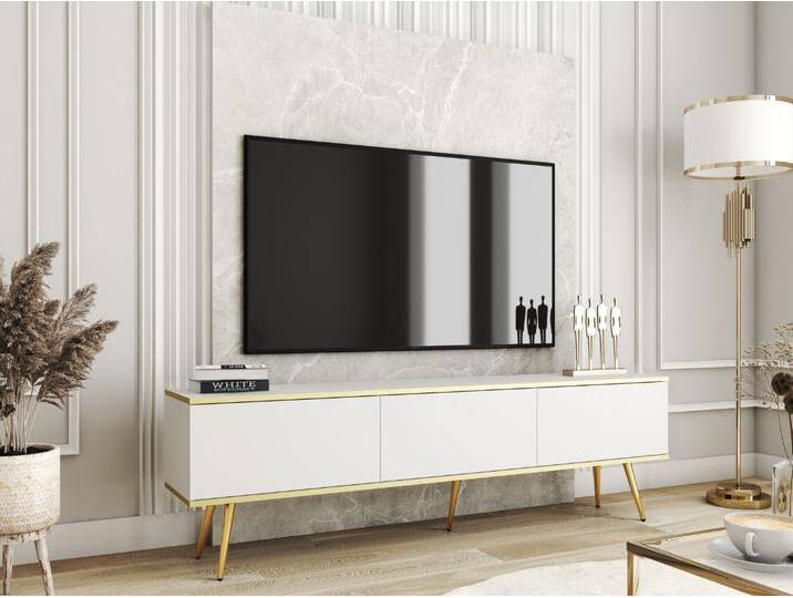 TV-Lowboard mit Türen 175 cm Diolo Weiß mit glatter Front auf goldenen Beinen von Graingold