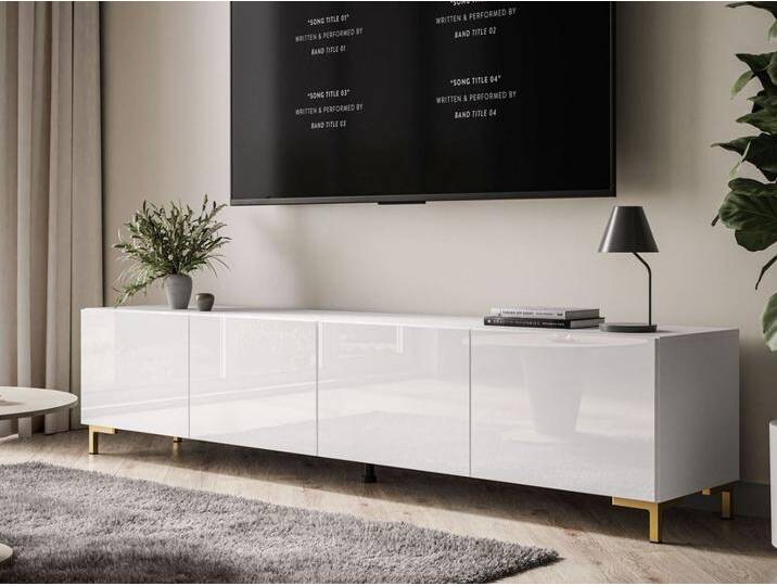 TV-Lowboard mit Türen auf Goldenen Beinen 200 cm Nodoo Weiß Hochglanz von Graingold