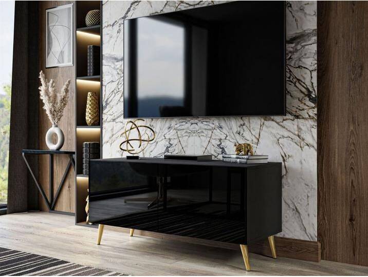 TV-Lowboard mit Türen auf Goldenen Metallbeinen 100 cm Noaé Schwarz Hochglanz von Graingold