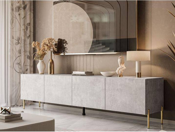 TV-Lowboard mit Türen auf Goldenen Metallbeinen 200 cm Nodoo Beton von Graingold