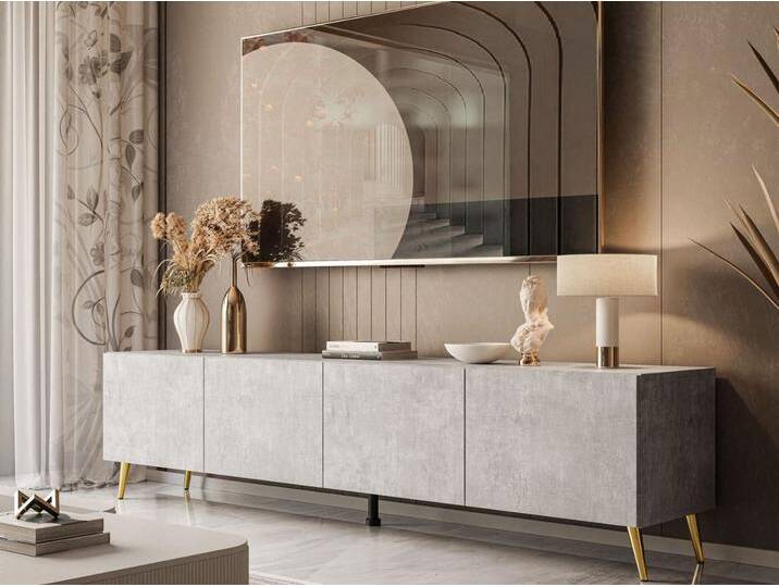 TV-Lowboard mit Türen auf Goldenen Metallbeinen 200 cm Nodoo Beton von Graingold