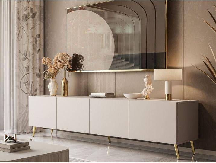 TV-Lowboard mit Türen auf Goldenen Metallbeinen 200 cm Nodoo Kaschmir von Graingold