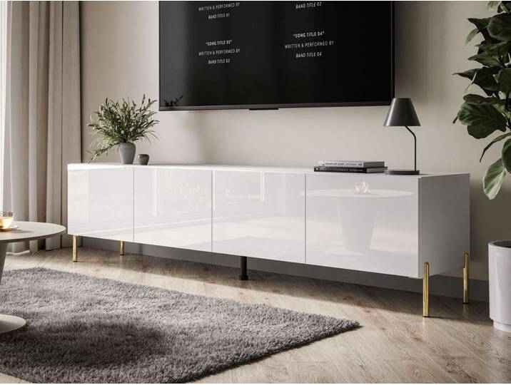 TV-Lowboard mit Türen auf Goldenen Metallbeinen 200 cm Nodoo Weiß Hochglanz von Graingold