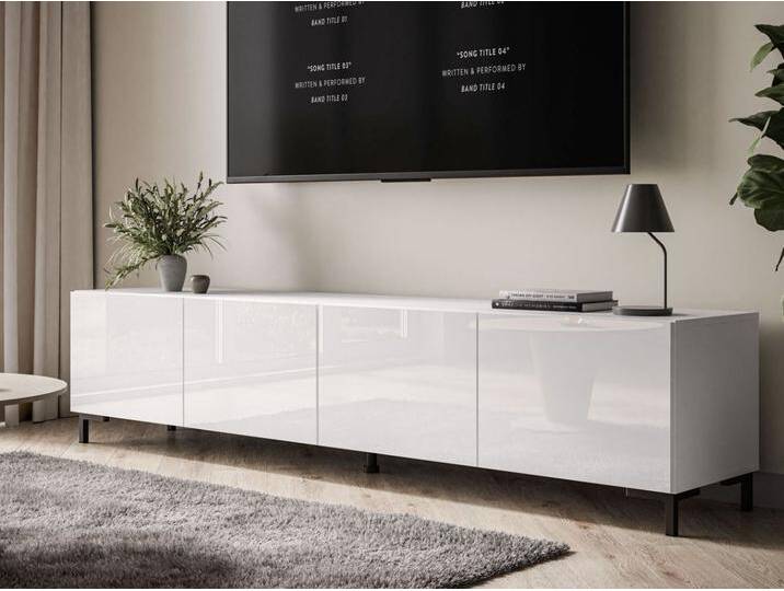 TV-Lowboard mit Türen auf Schwarzen Beinen 200 cm Nodoo Weiß Hochglanz von Graingold
