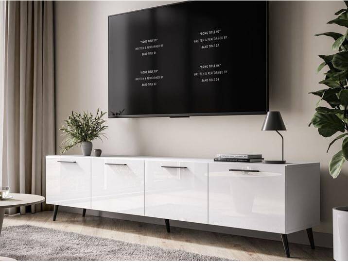 TV-Lowboard mit Türen auf Schwarzen Metallbeinen 200 cm Noaé Weiß Hochglanz von Graingold